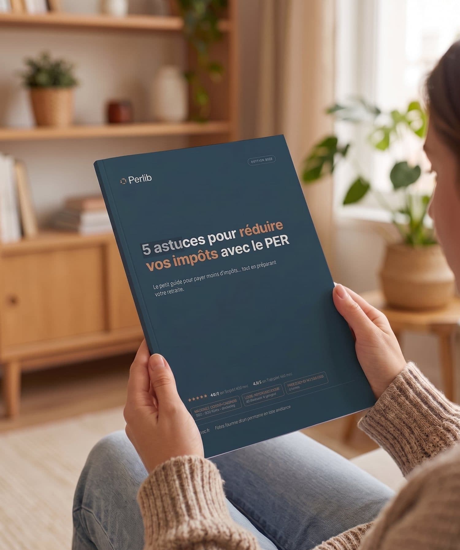 Guide Perlib « 5 astuces pour réduire vos impôts avec le PER » tenu par une lectrice dans son salon